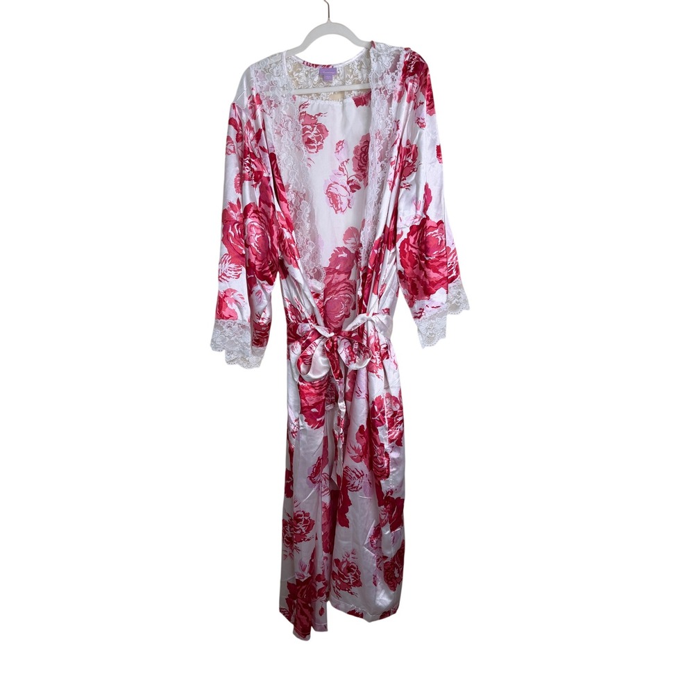 Amoureuse Women 4X Pink Rose Floral Satin Robe Lace Trim Long Nightwear 34/36